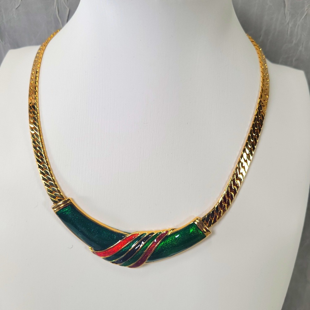 Vintage Enamel Collar Necklace Womens 16" Gold Green Red Retro Herringbone Chain